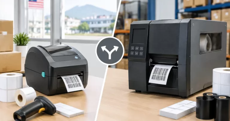 Desktop and industrial barcode printers with label rolls and ribbons on a packing table.