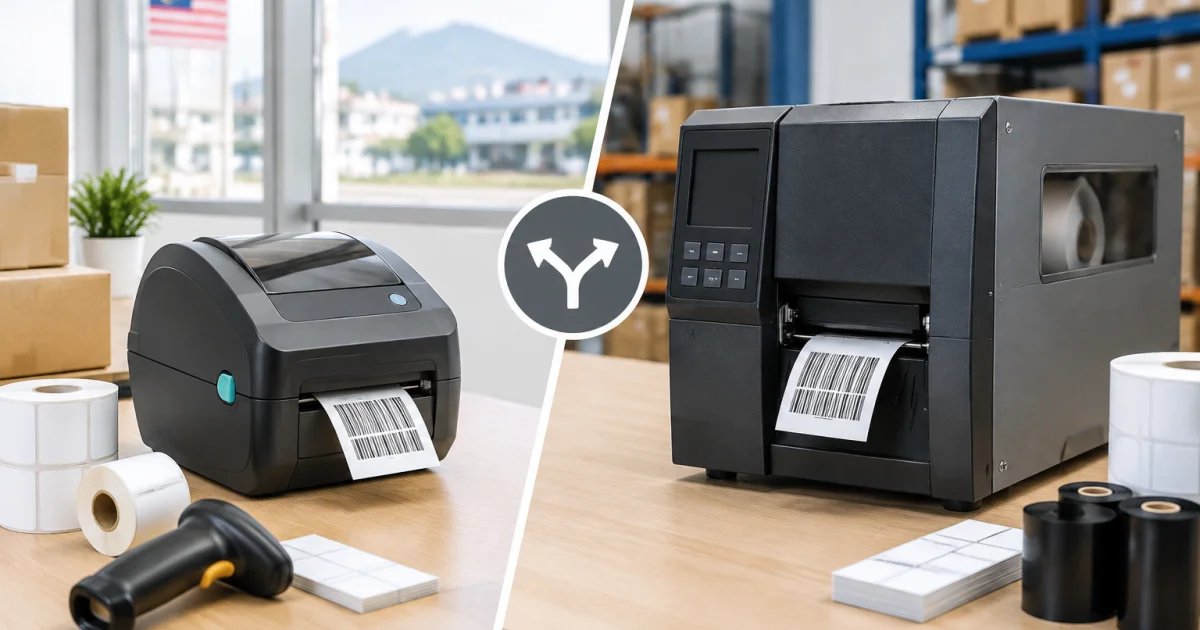 Desktop and industrial barcode printers with label rolls and ribbons on a packing table.