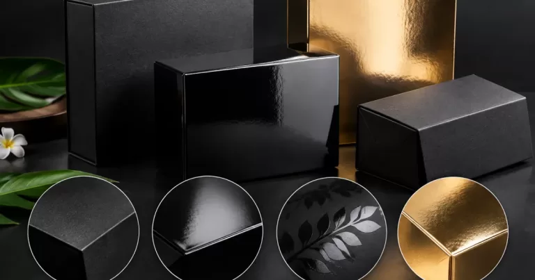 Close-up of unbranded boxes showing different premium finish textures.