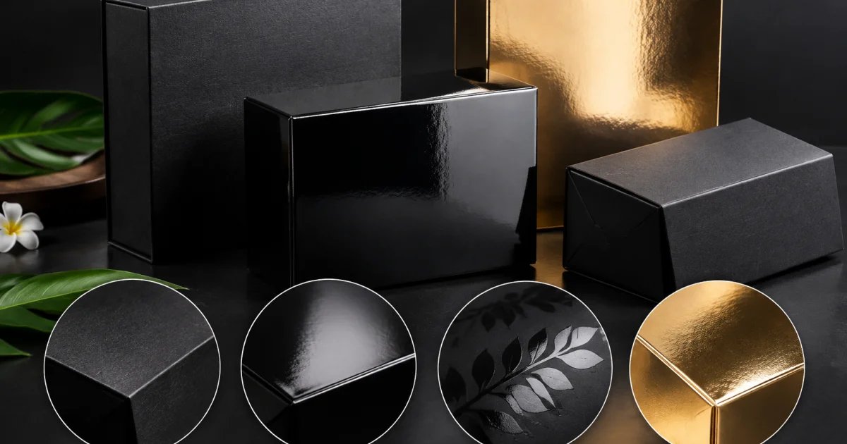 Close-up of unbranded boxes showing different premium finish textures.