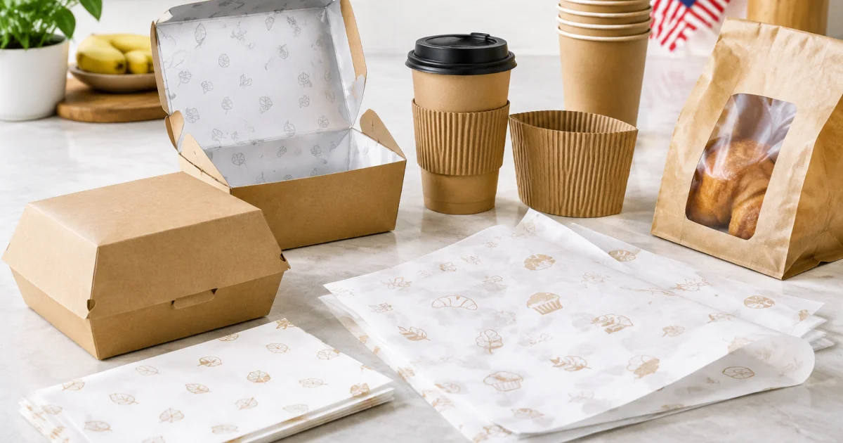 Assorted unbranded food packaging items showing different materials and textures.